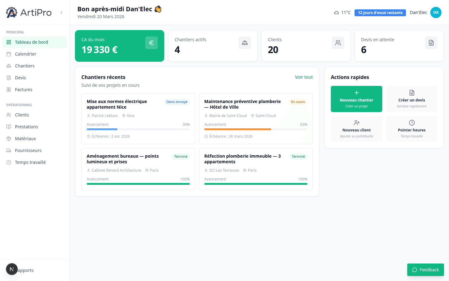 Tableau de bord ArtiPro — vue d'ensemble de votre activité