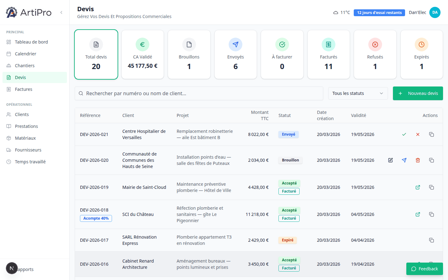 Liste des devis ArtiPro